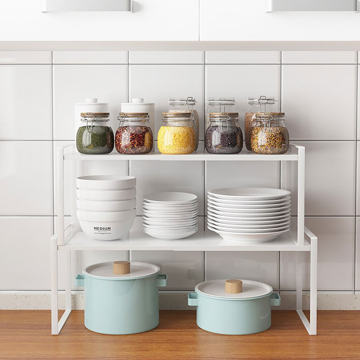 kitchen-cabinet-organizing-stackable-shelves